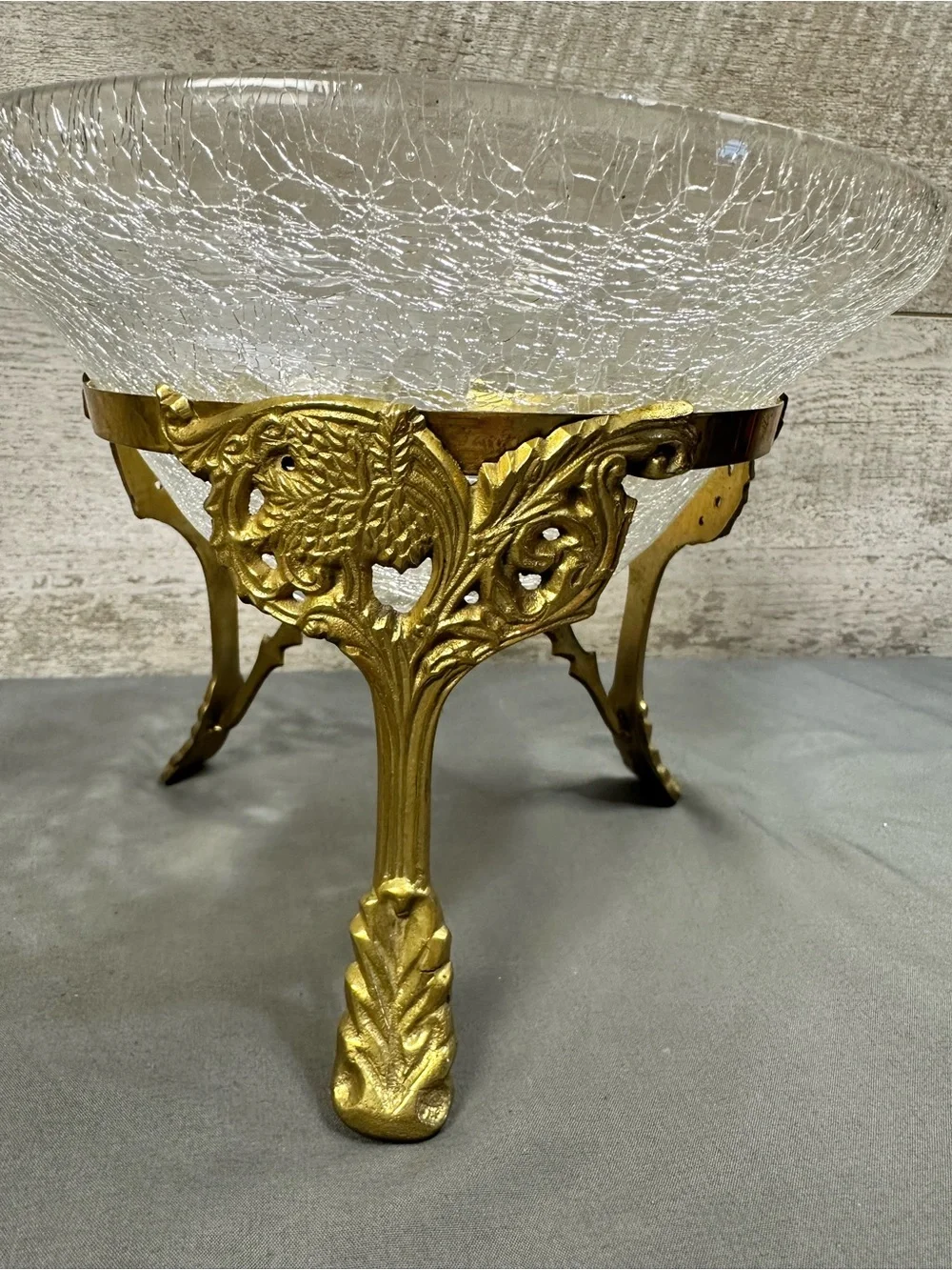 Vintage Crackle Glass Bowl with Ornate Brass Tripod Stand Centerpiece